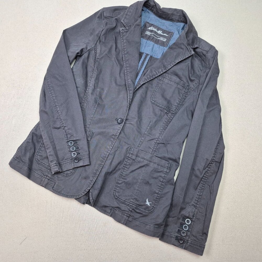 Eddie Bauer Women's Canvas Chore Coat Grey Stretch Blazer Workwear Jacket Sz 10